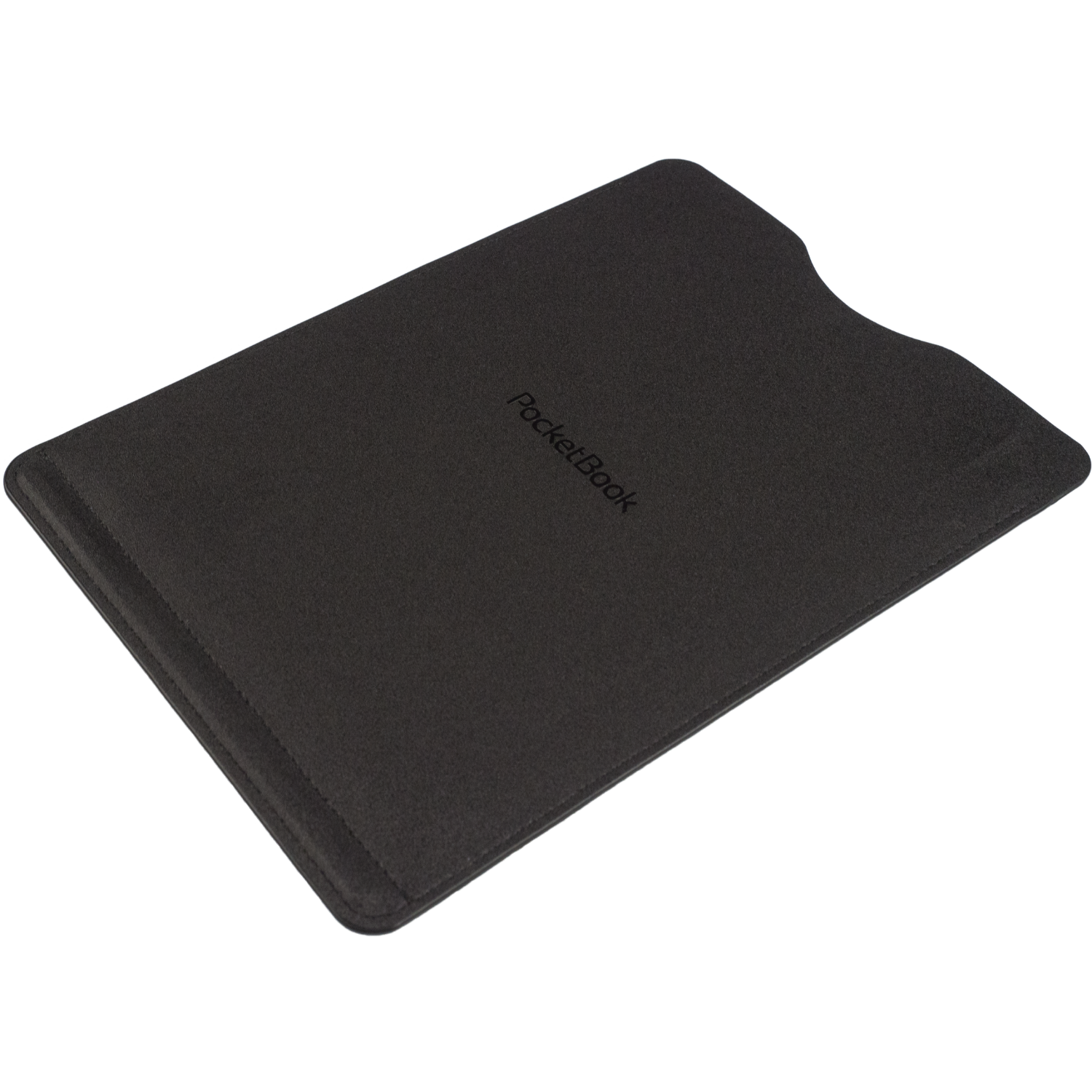 Zwarte PocketBook tablethoes op zwarte achtergrond.