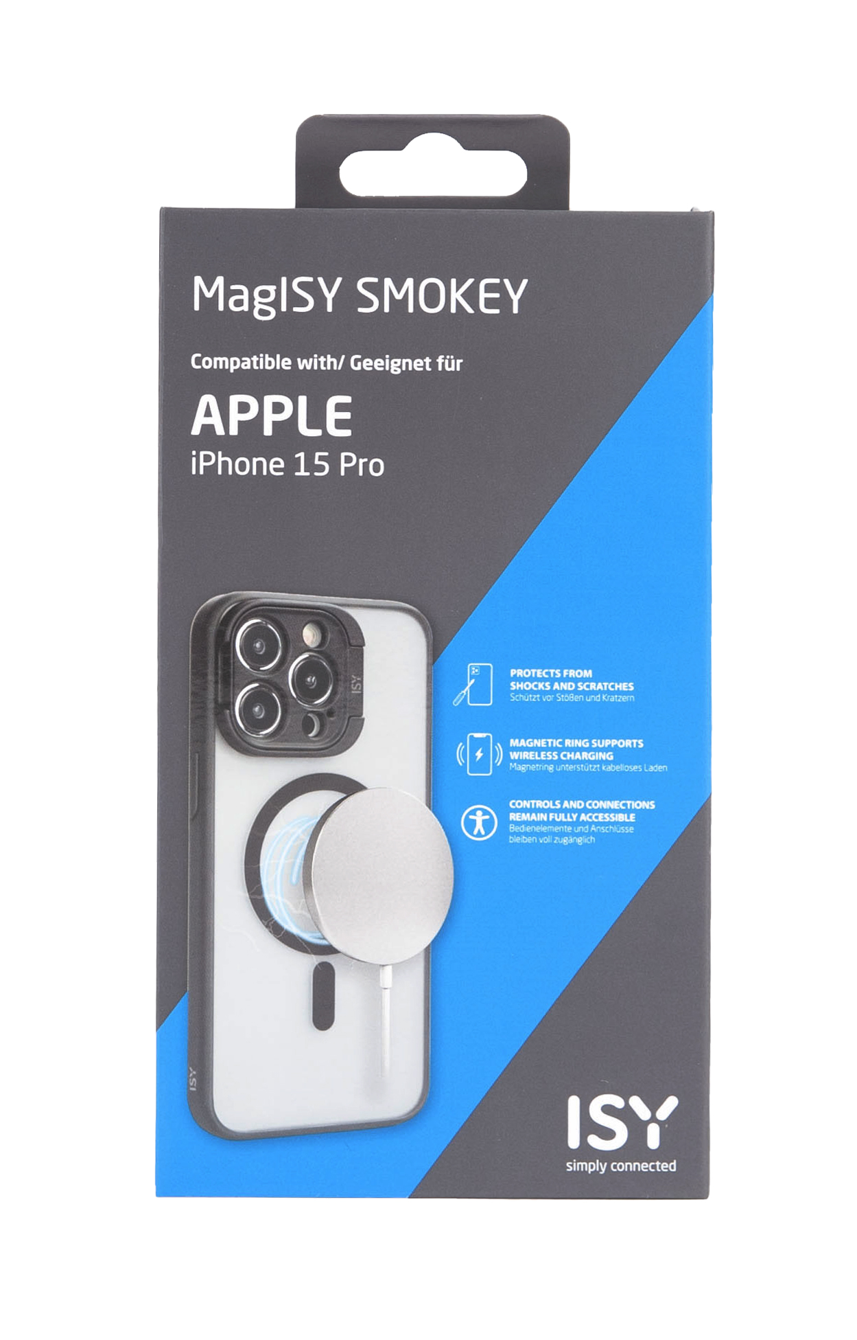 Embalaje de una funda MaglSY SMOKEY para iPhone 15 Pro.
