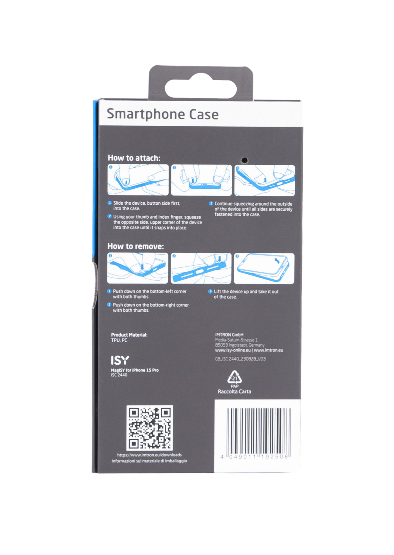 Embalaje de funda de teléfono con instrucciones y código de barras.