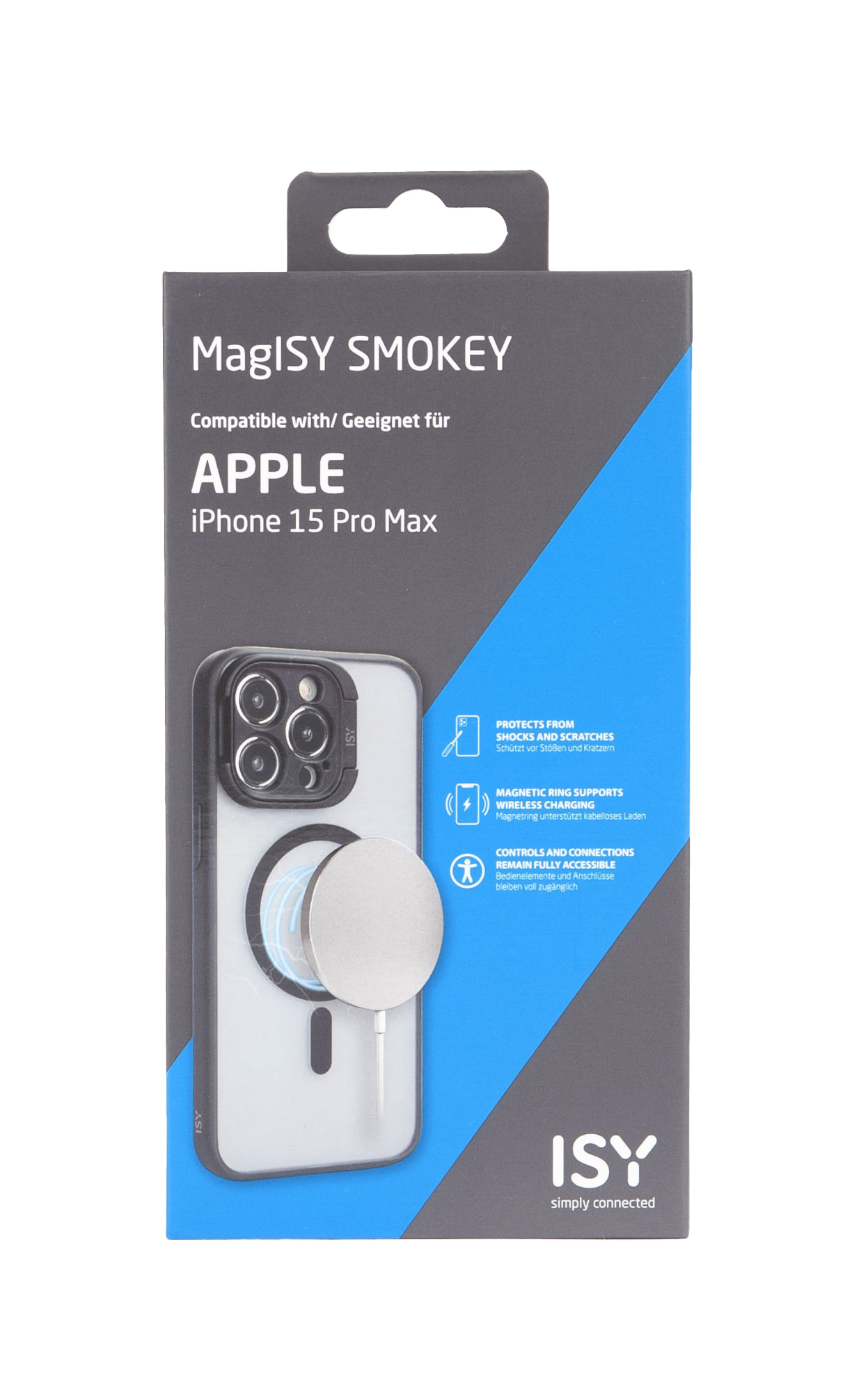 Embalaje de funda MaglSY Smookey iPhone 15 Pro Max con imagen del teléfono.