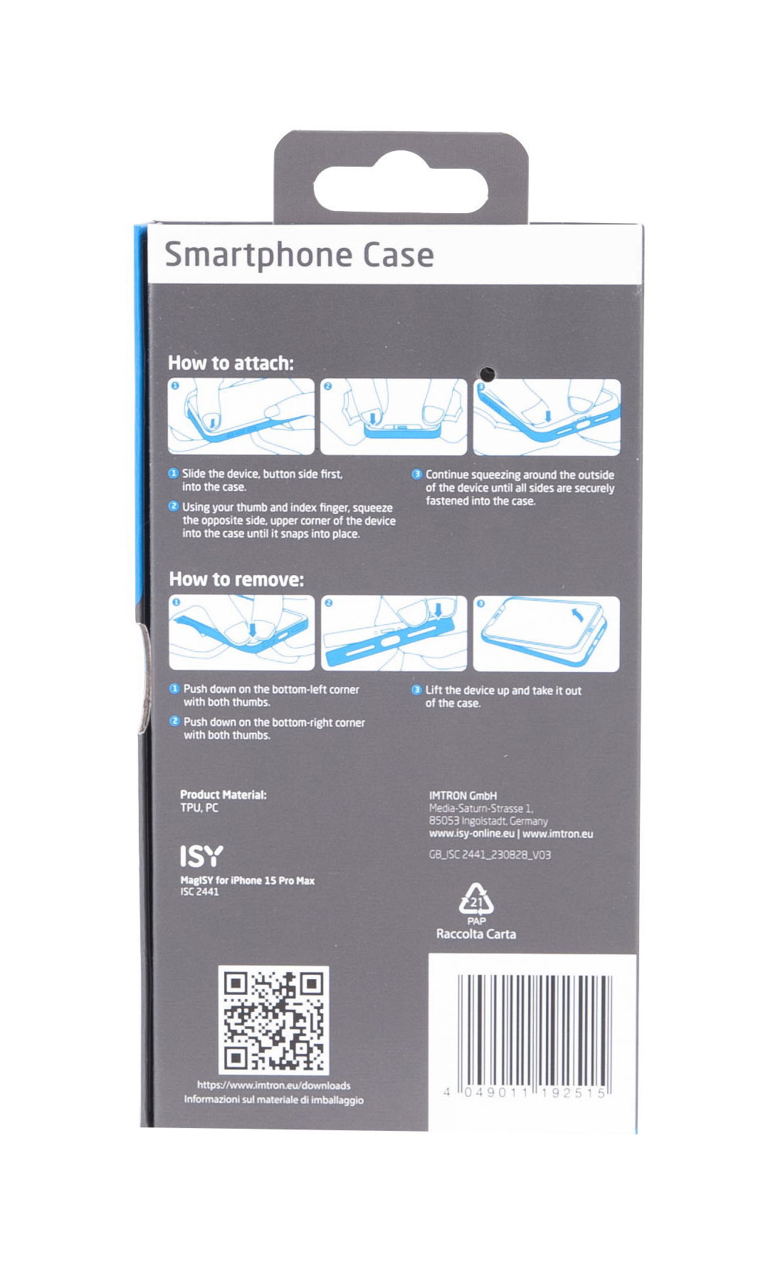 Embalaje de funda de smartphone, con instrucciones y código QR. Esquema de color gris y azul.