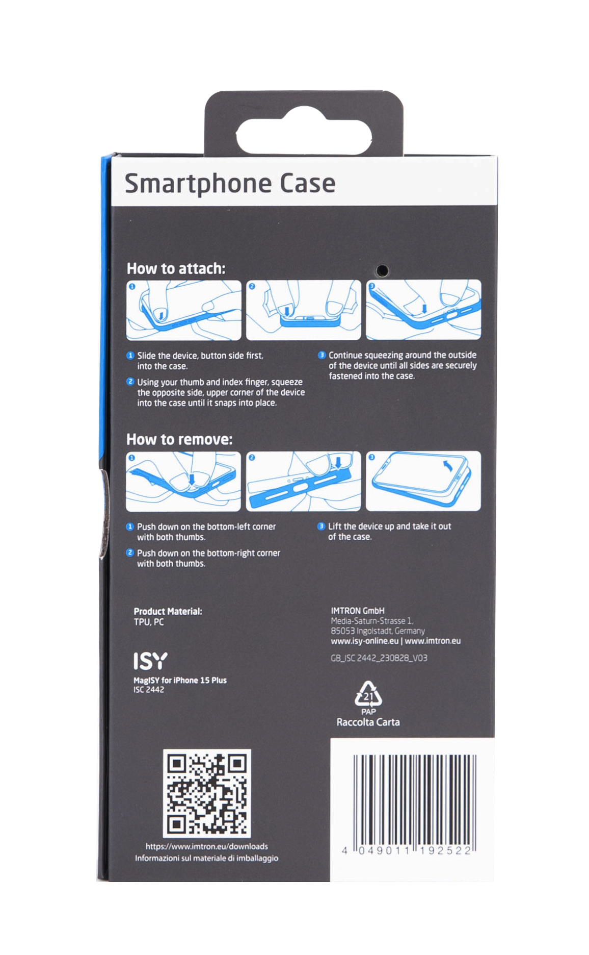 La parte trasera de una caja de funda para smartphone con instrucciones.