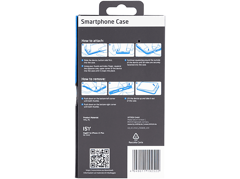 Funda móvil - ISY ISC 2442, Para Apple iPhone 15 Plus, Admite carga a través de MagSafe, SmOKey black
