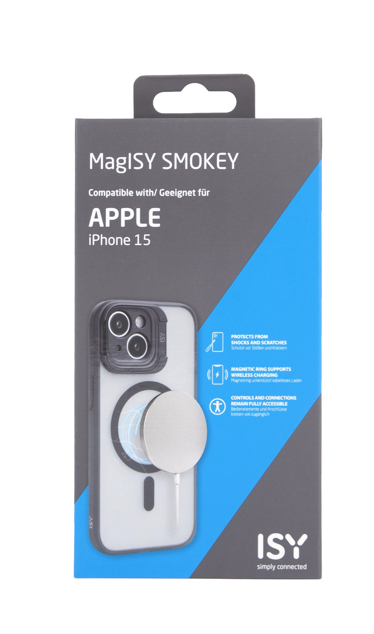 Empaque de funda para iPhone 15, negro y gris, con una imagen de una funda y un MagSafe blanco.