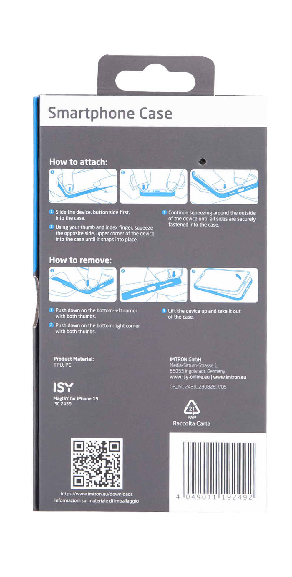 Embalaje de funda para smartphone, con instrucciones, blanco y negro, vista superior.