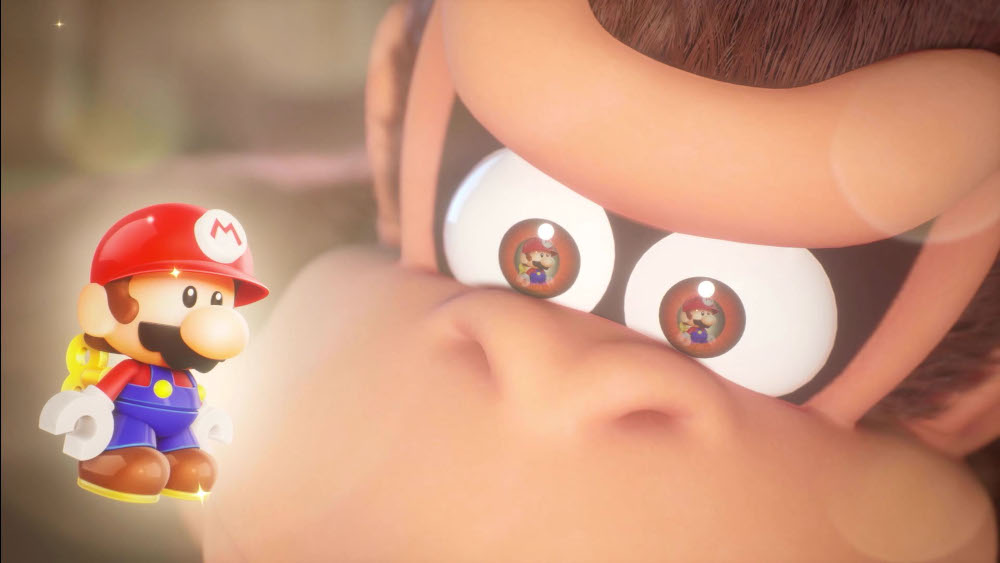 Mario kijkt naar Donkey Kong, die Mario in zijn ogen heeft.