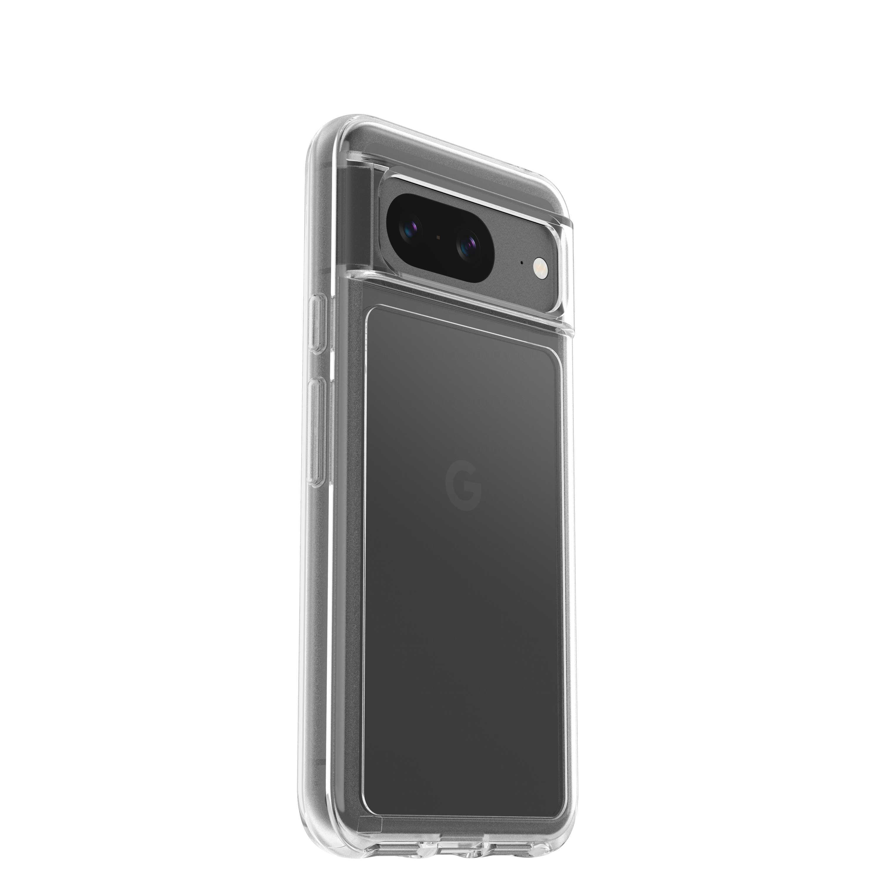 Transparente Handyhülle mit schwarzer Rückseite und Google Pixel 7. Die Hülle hat Kameraausschnitt.