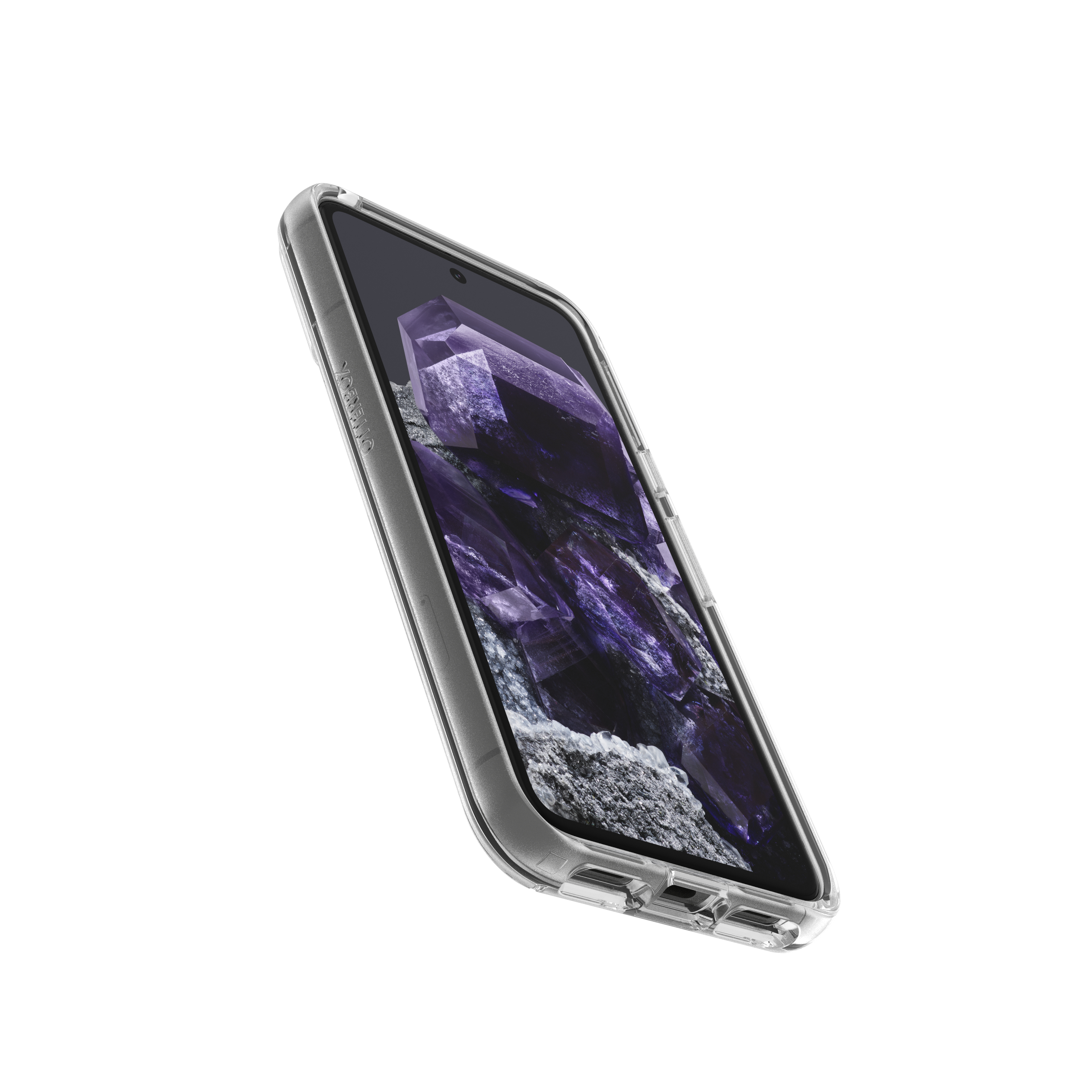 Ein Smartphone in einer transparenten Hülle, abgewinkelt, um einen violetten Kristallhintergrund zu zeigen.
