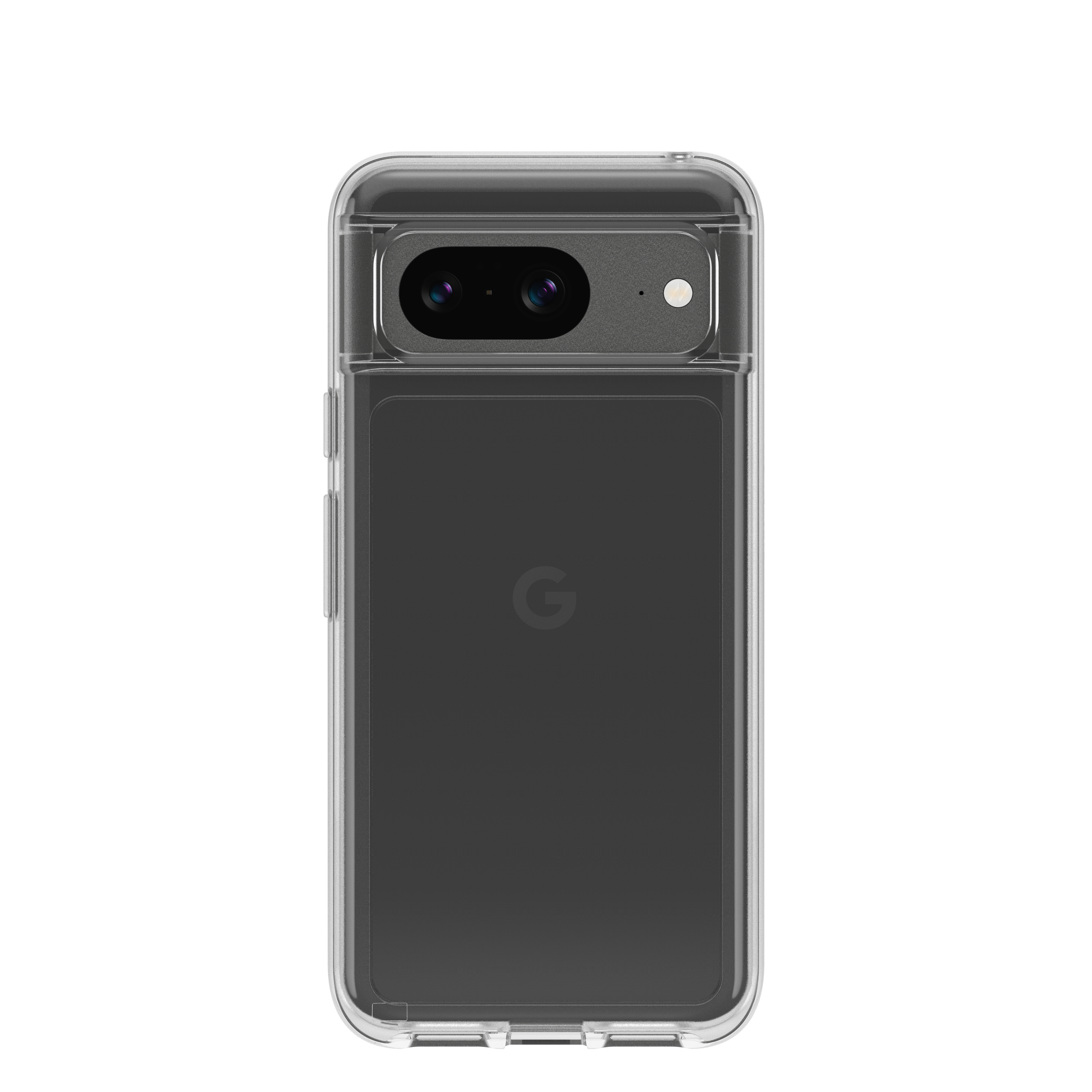 Eine transparente Handyhülle, die die Rückseite eines Pixel 7-Telefons zeigt. Das Telefon ist schwarz.