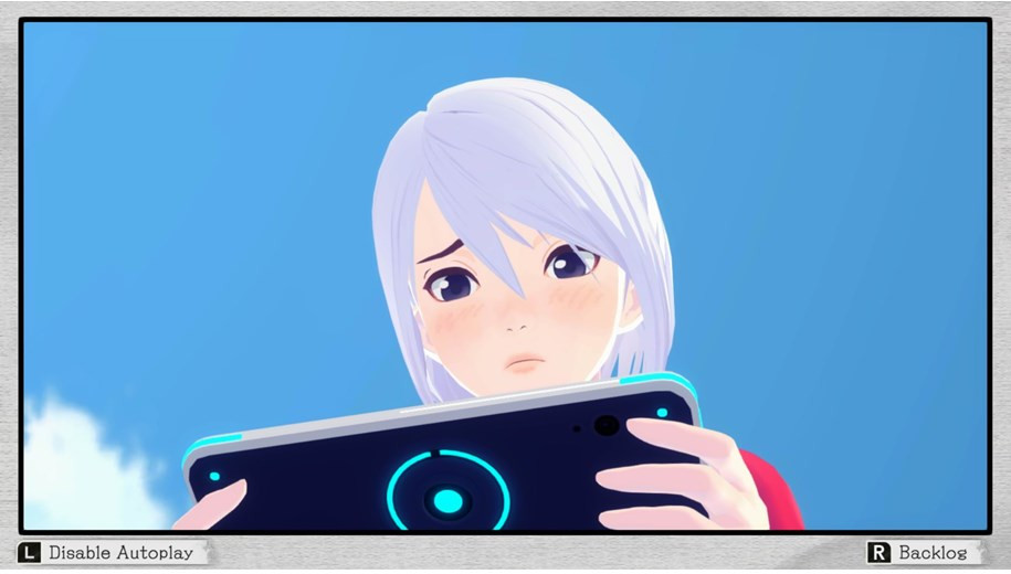 Personnage de style anime tenant une tablette, l'air inquiet, sur fond de ciel bleu. Interface de jeu.