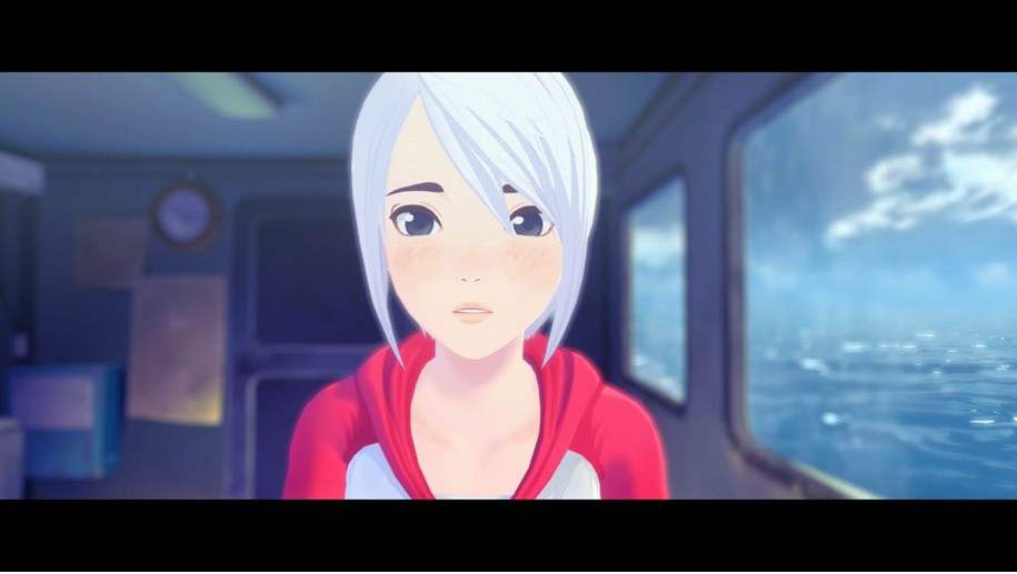 Femme de style anime en veste rouge sur un bateau, l'air inquiète, avec l'océan en arrière-plan.