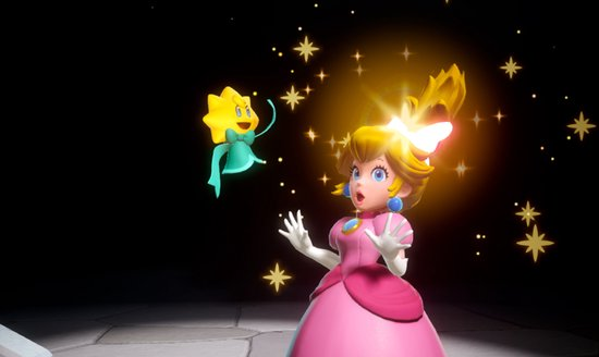 Prinses Peach reageert verrast op een gele ster die zweeft, omringd door gouden sterren.