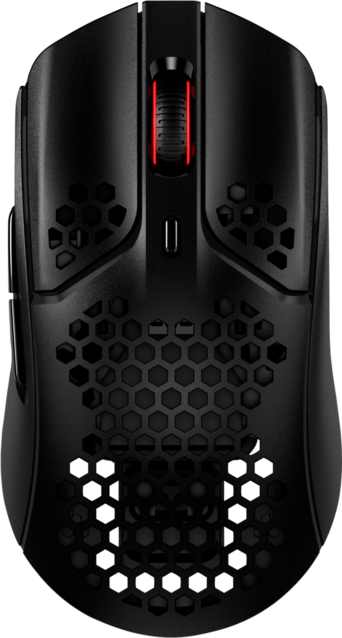 Fekete gamer egér méhsejt-kialakítással, piros görgővel és USB-C porttal.