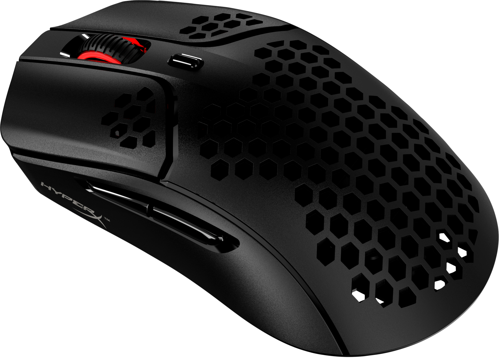 Fekete HyperX gaming egér méhsejtmintával, piros görgővel.