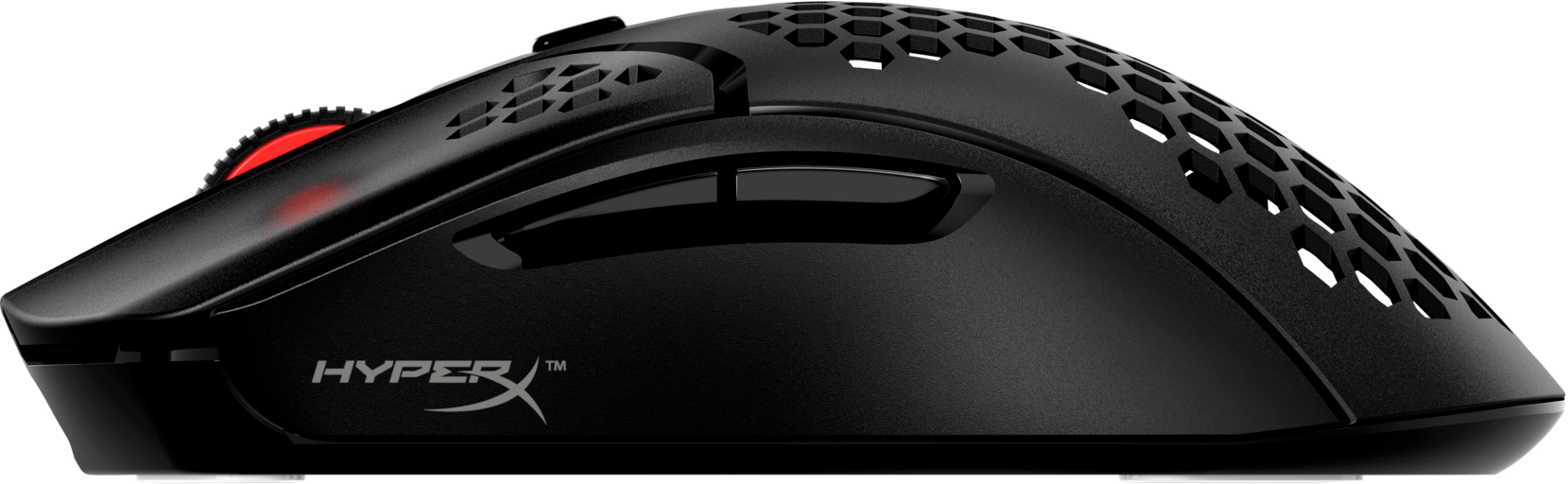 Egy fekete gamer egér méhsejt dizájnnal, piros fénnyel és HyperX logóval.