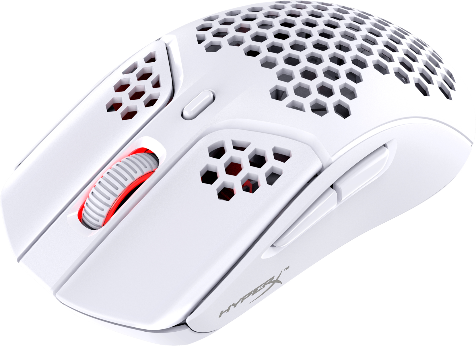 Fehér gamer egér méhsejtmintával és piros görgetőkerékkel. HyperX logó alul.