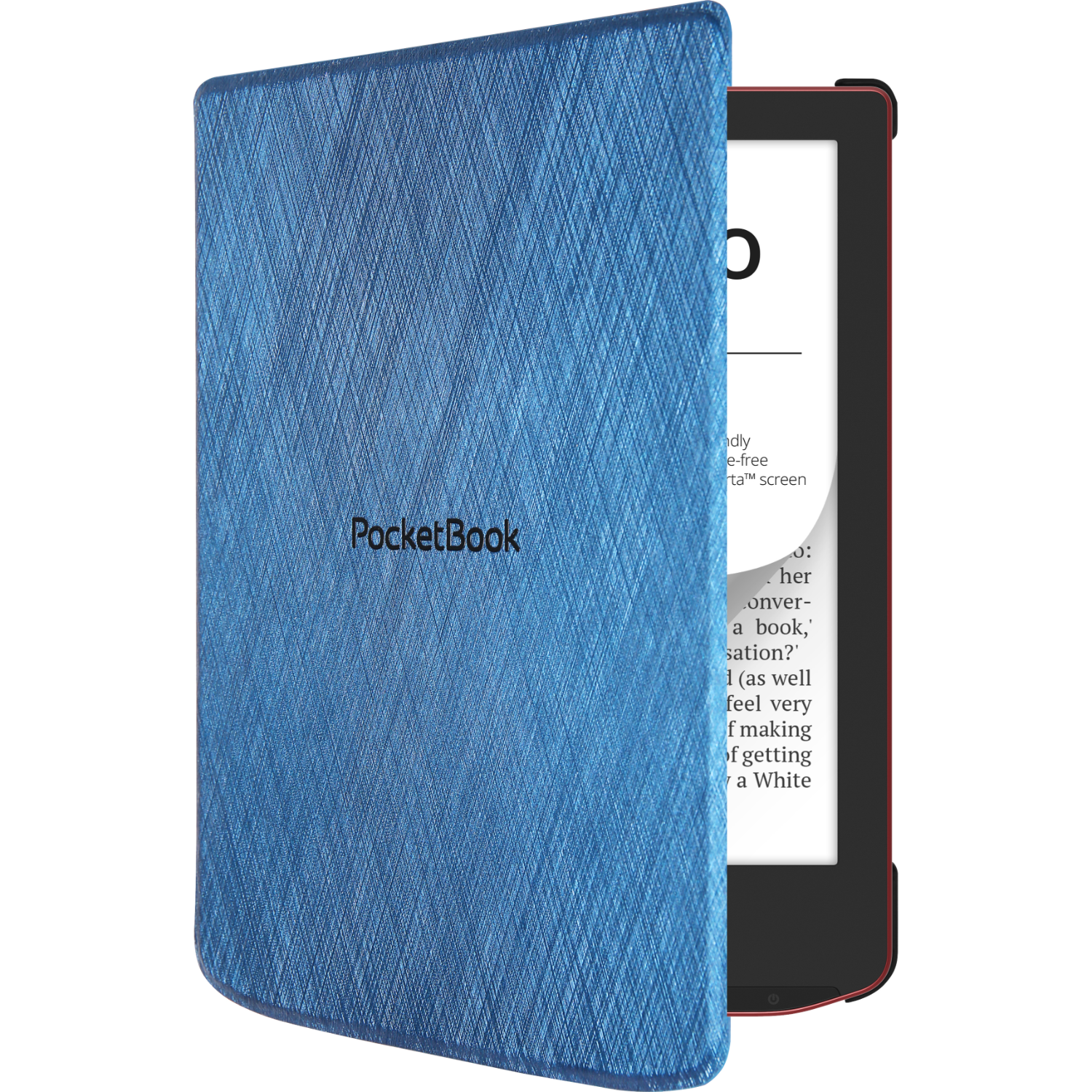 Housse de liseuse bleue texturée avec logo PocketBook. Ouverte, texte visible.