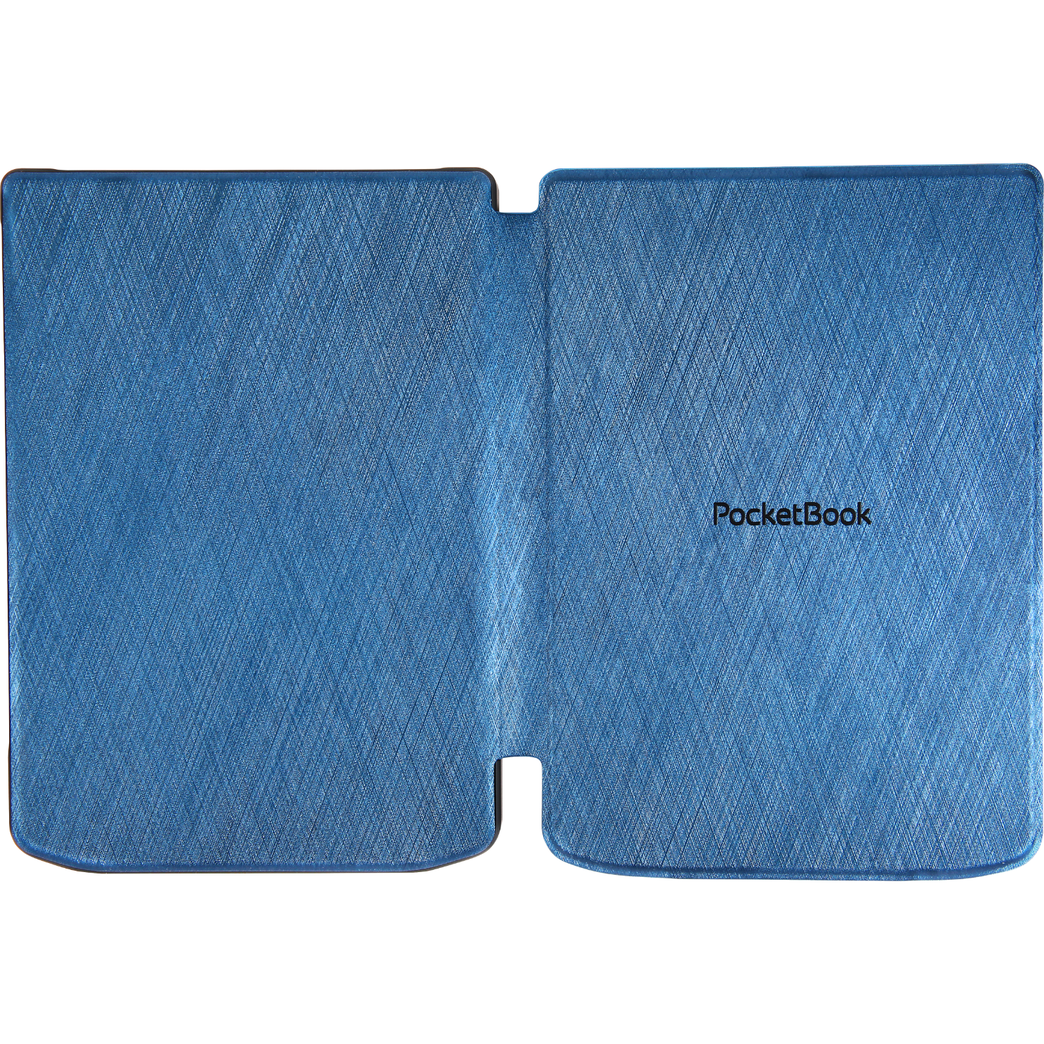 Étui PocketBook bleu ouvert, motif texturé, logo 'PocketBook' à droite.