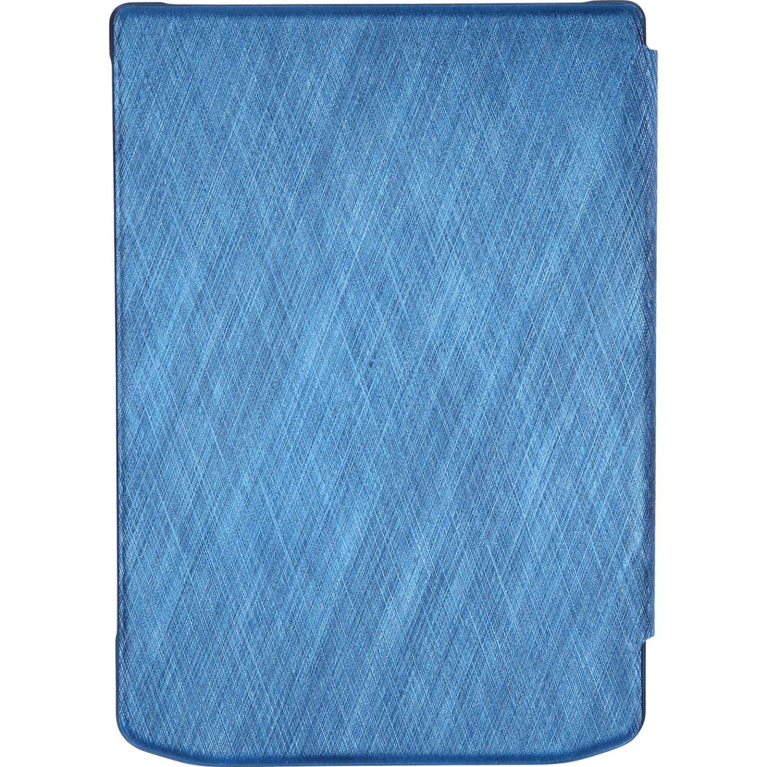 Étui de tablette bleu texturé. Il est rectangulaire et a un bord noir.