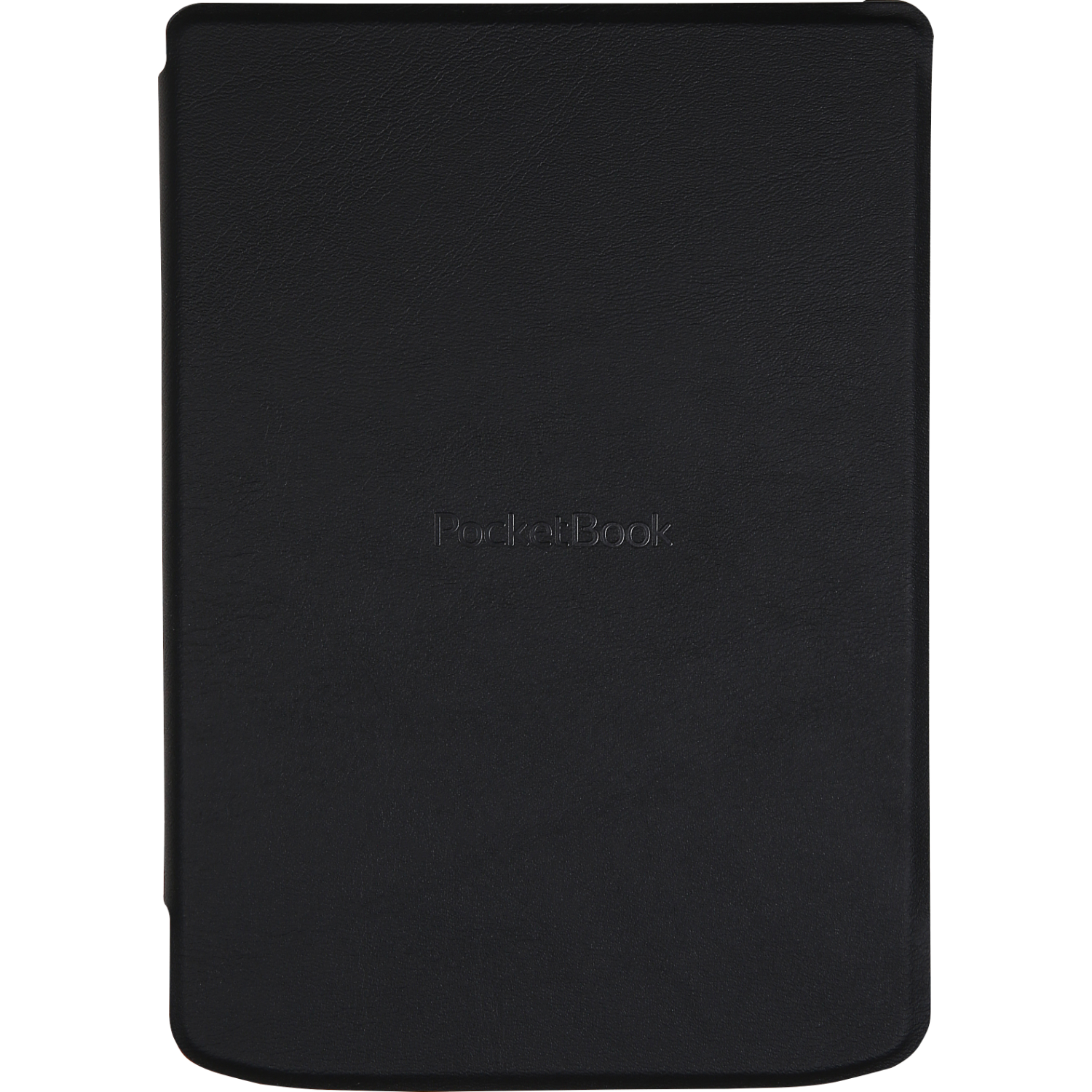 Zwarte PocketBook e-reader hoes, met het logo van het merk in reliëf.