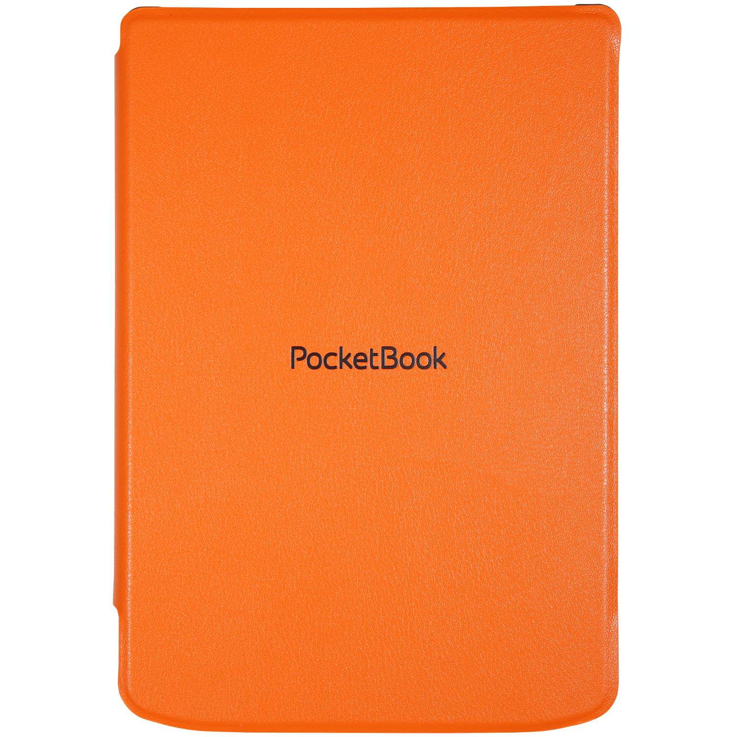 Étui orange pour liseuse PocketBook sur fond noir. PocketBook est imprimé dessus.