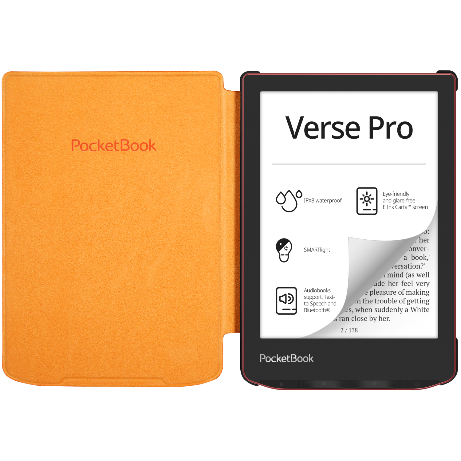 Un lecteur ebook avec une couverture orange. L'écran affiche du texte. Le cadre est rouge.
