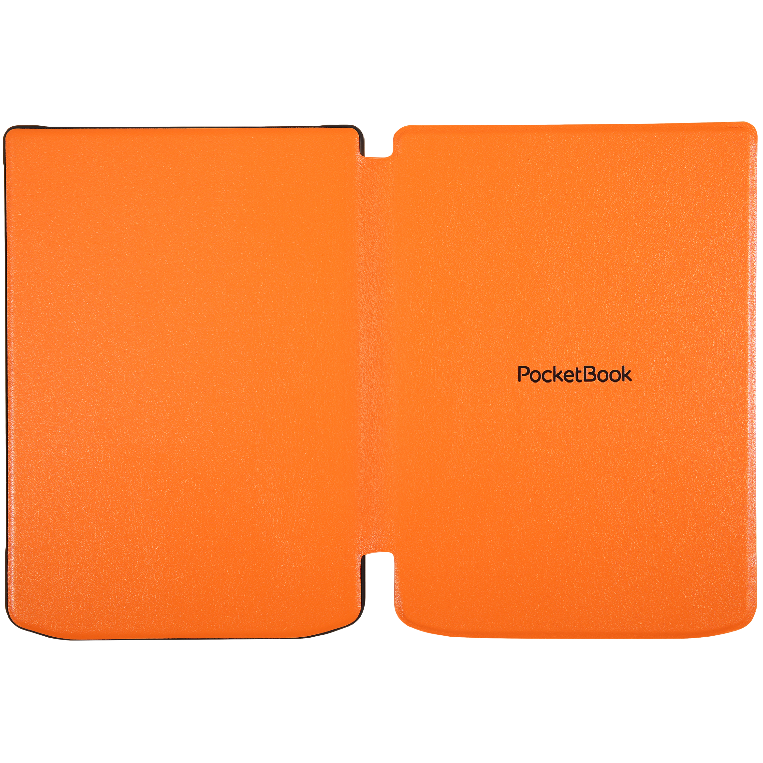 Housse de liseuse orange, ouverte, révélant l'intérieur avec le logo PocketBook.
