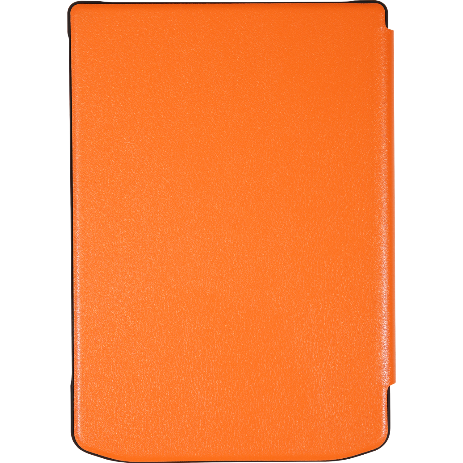 Housse orange texturée cuir, peut-être pour une tablette ou liseuse. Bord noir l'entoure.