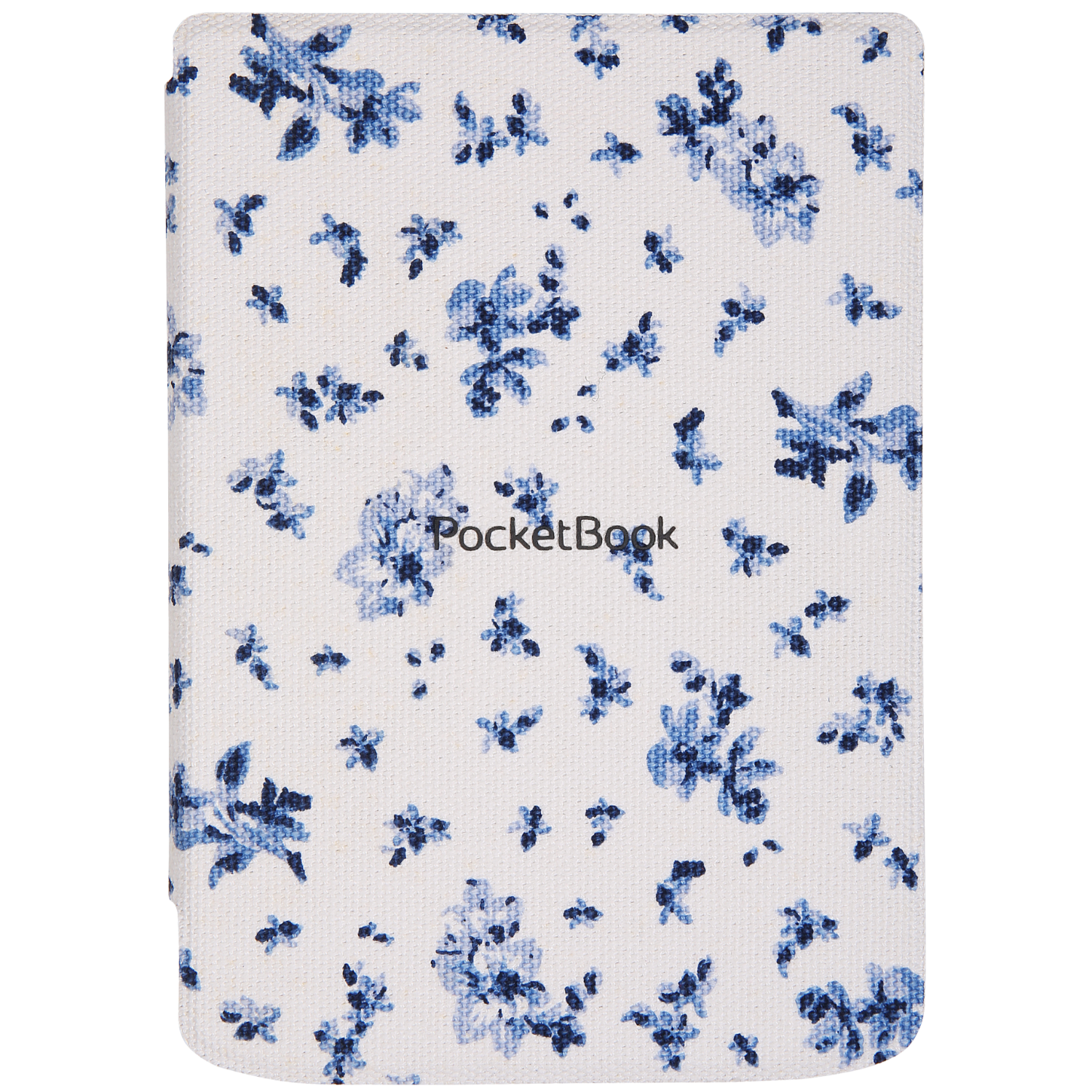 Housse de liseuse PocketBook fermée avec fond blanc et motif floral bleu.