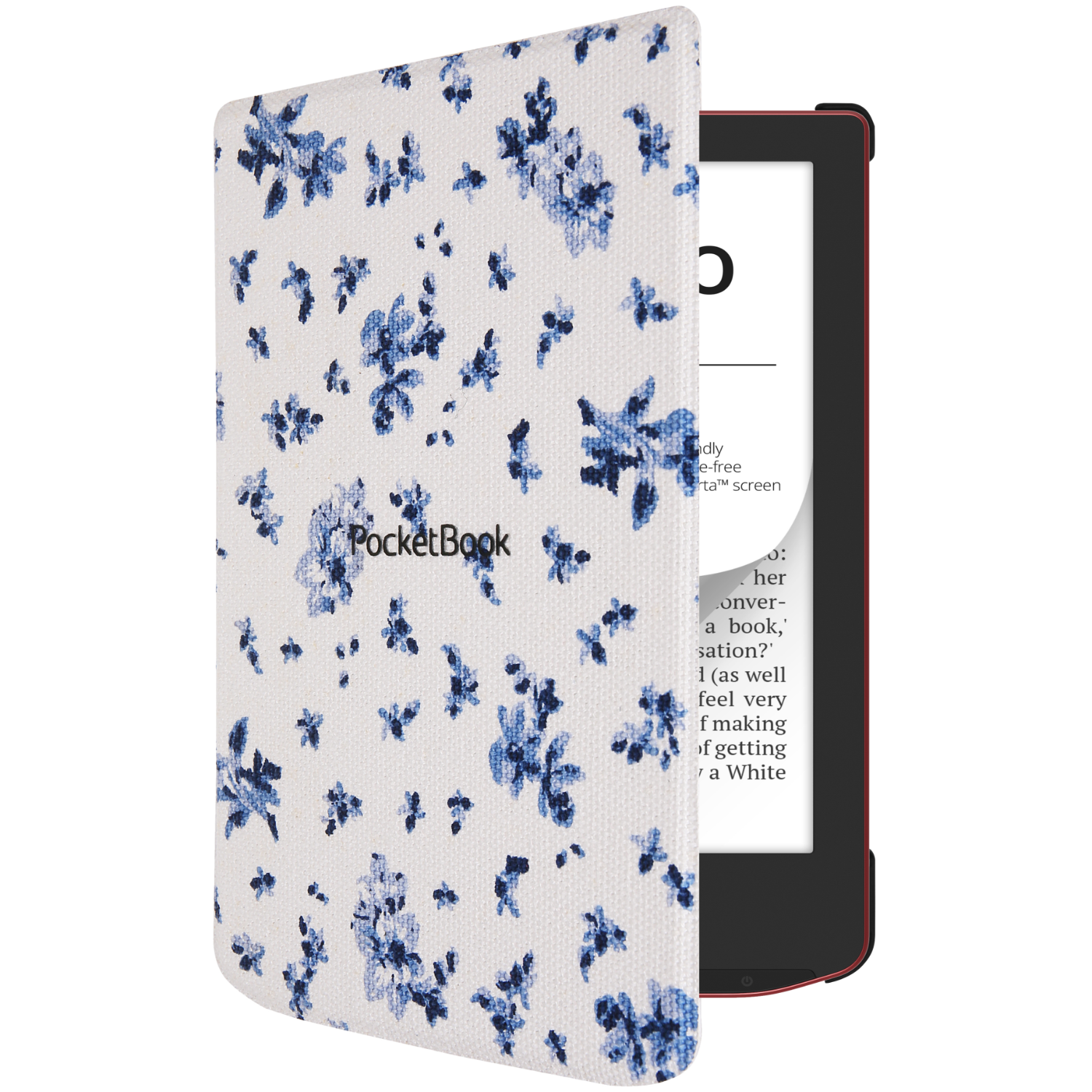 Liseuse dans un étui floral. Ouvert pour révéler l'écran avec du texte.