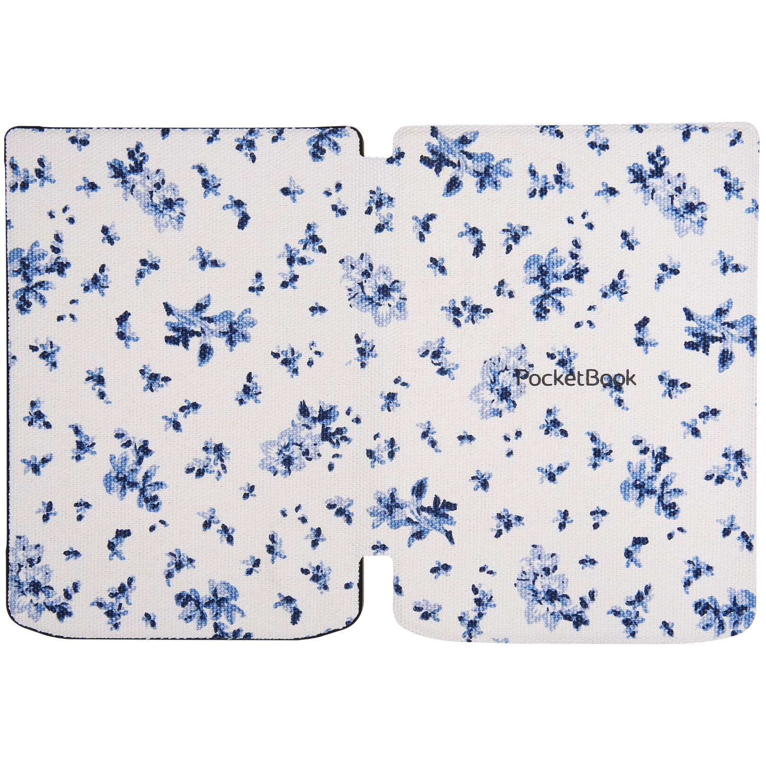 Une couverture PocketBook avec un fond blanc et un motif floral bleu.