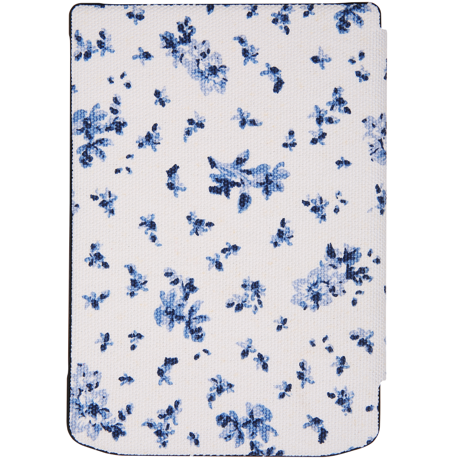 Tissu blanc avec motif floral bleu et bord noir.