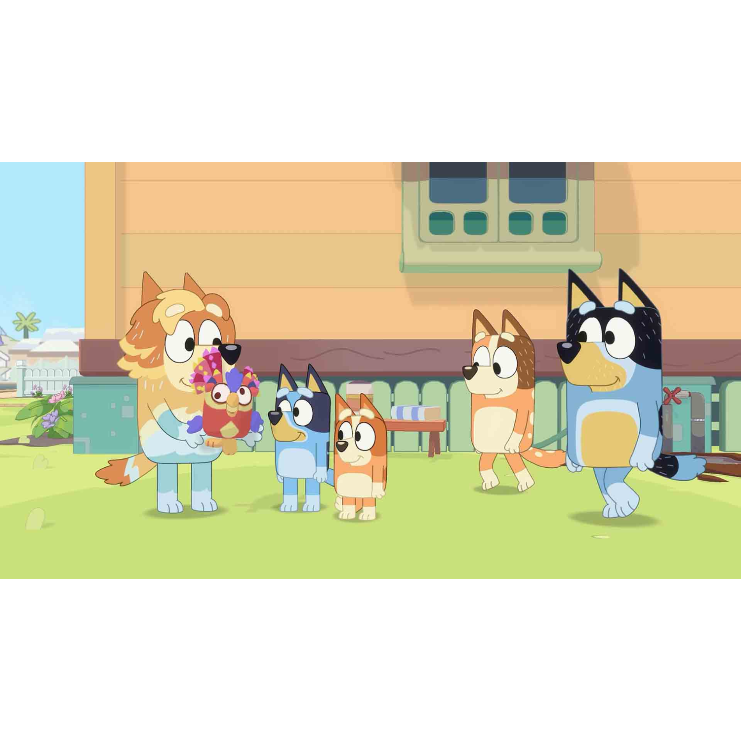 Een Bluey-tekenfilmscène met de Heeler-familie en een vriend.
