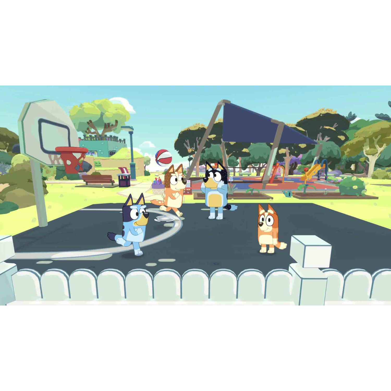 Vier Bluey-personages die basketbal spelen op een veld met een hoepel, andere personages op de achtergrond.