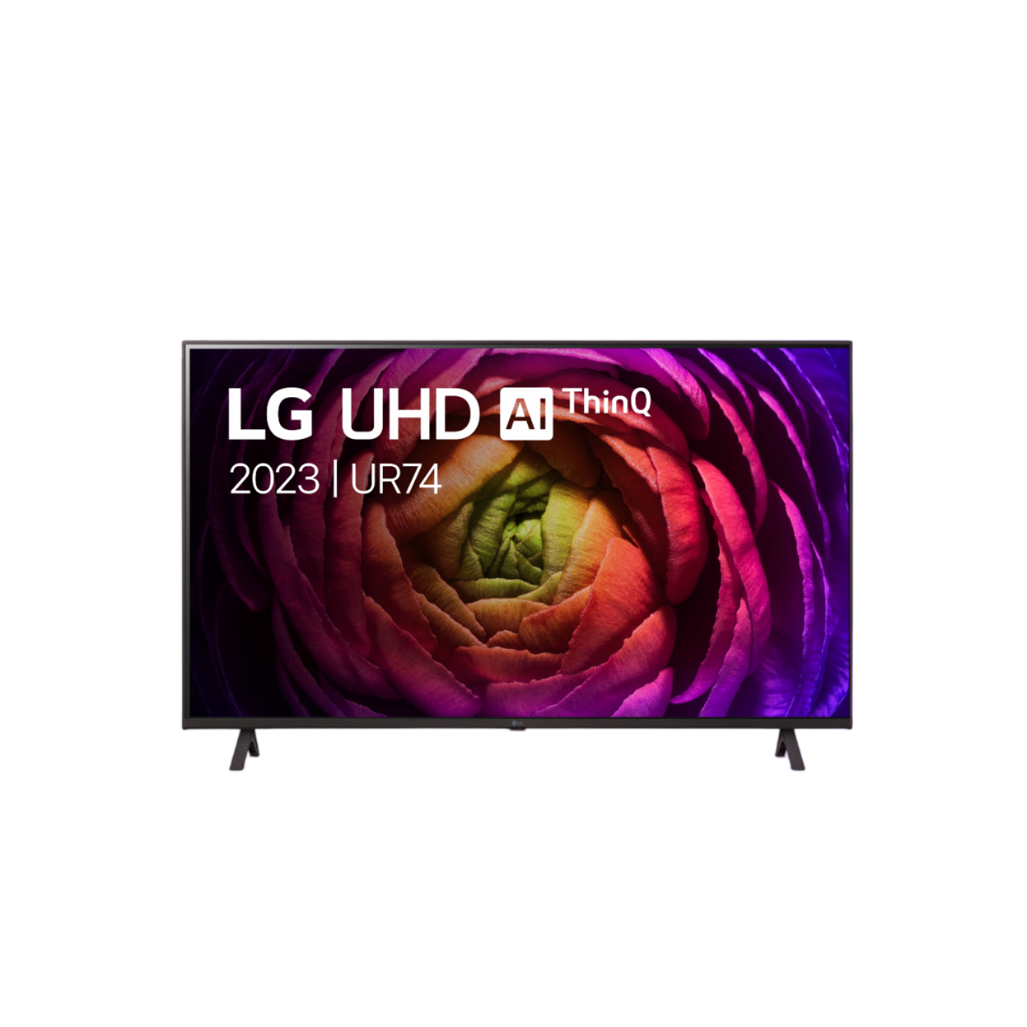 LG UHD TV, bloemenafbeelding op scherm, zwarte lijst, zwarte achtergrond, tekst en logo.