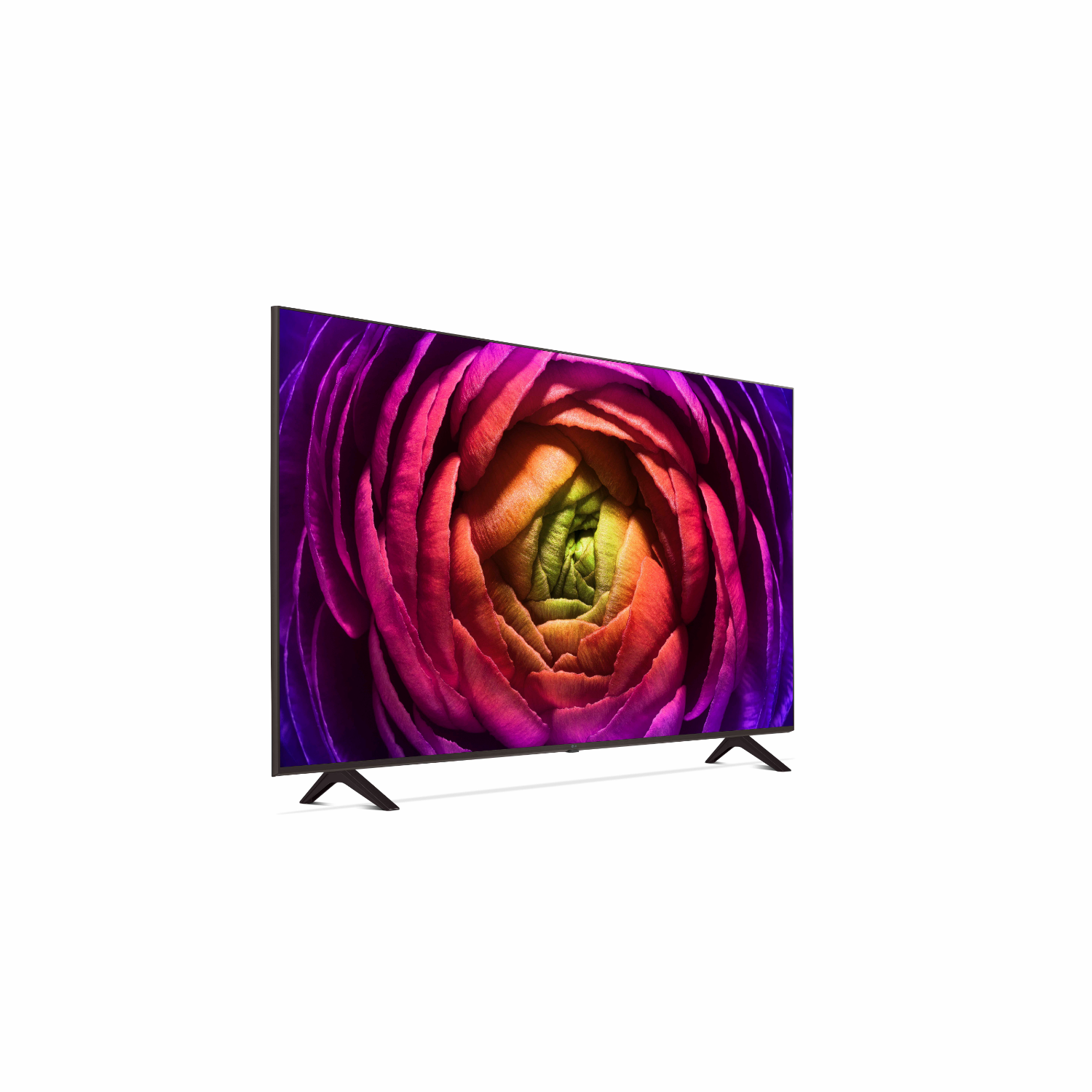 Een tv-scherm met een bloem met concentrische bloemblaadjes in tinten paars, roze, oranje en groen.