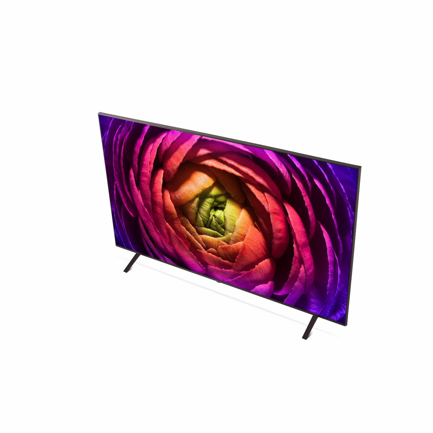 TV, kleurrijke bloemenafbeelding op scherm, zwarte lijst, witte achtergrond.