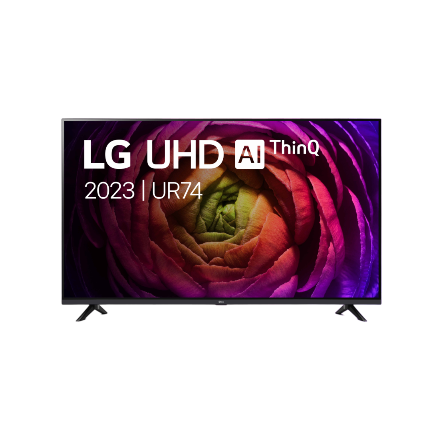 LG UHD AI TV-scherm met een kleurrijke bloemenafbeelding. De tv heeft twee poten.