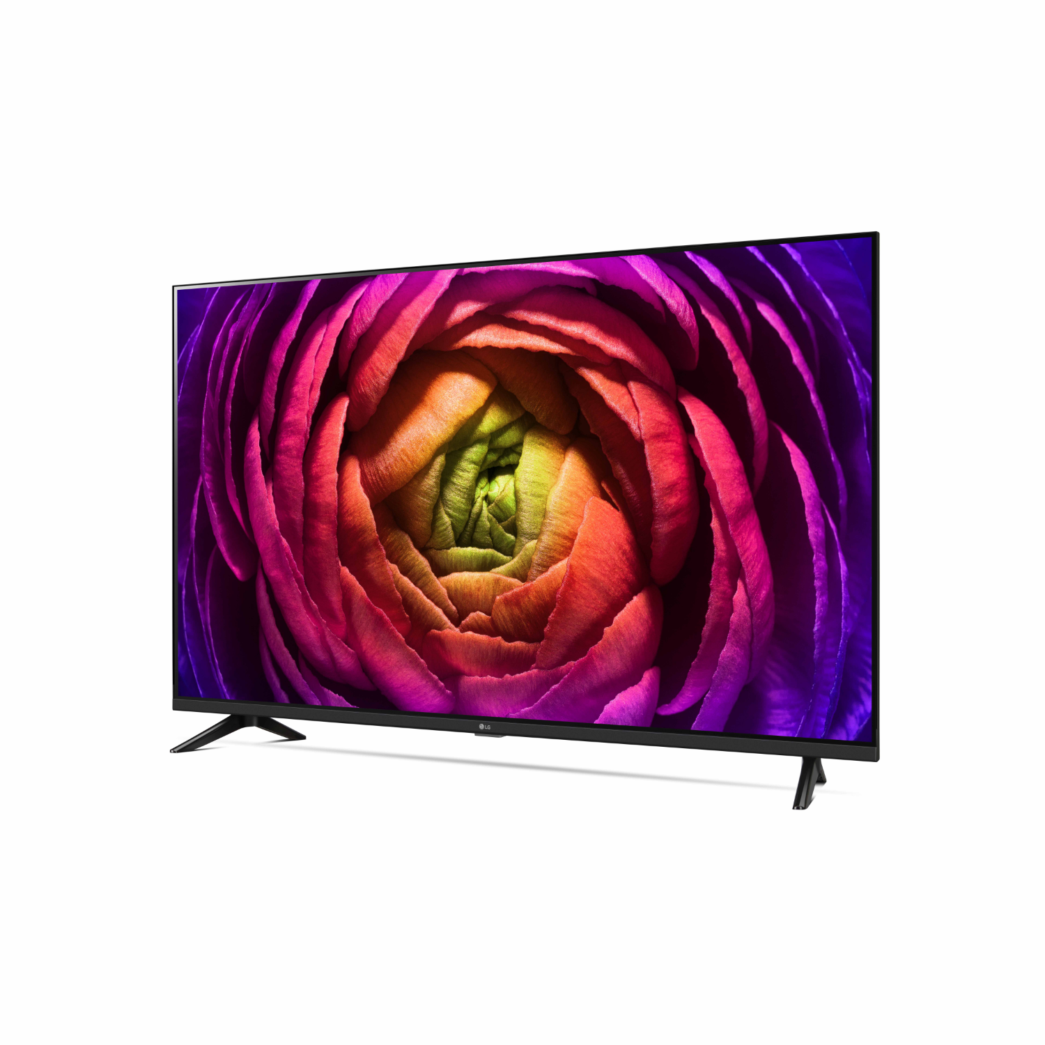 Een zwarte tv met een kleurrijke bloemachtige afbeelding op het scherm.
