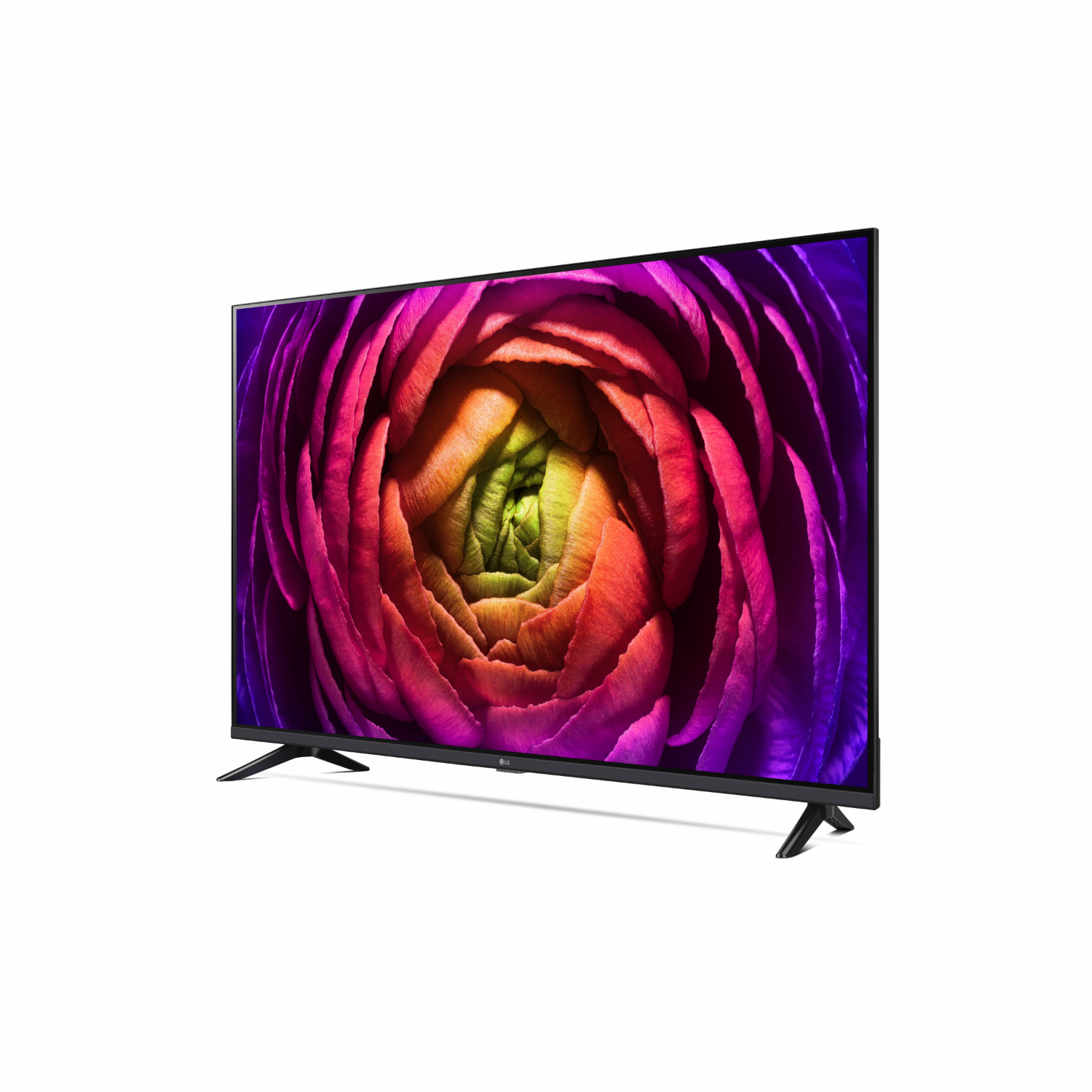 Tv met kleurrijke bloemenweergave op een witte achtergrond.
