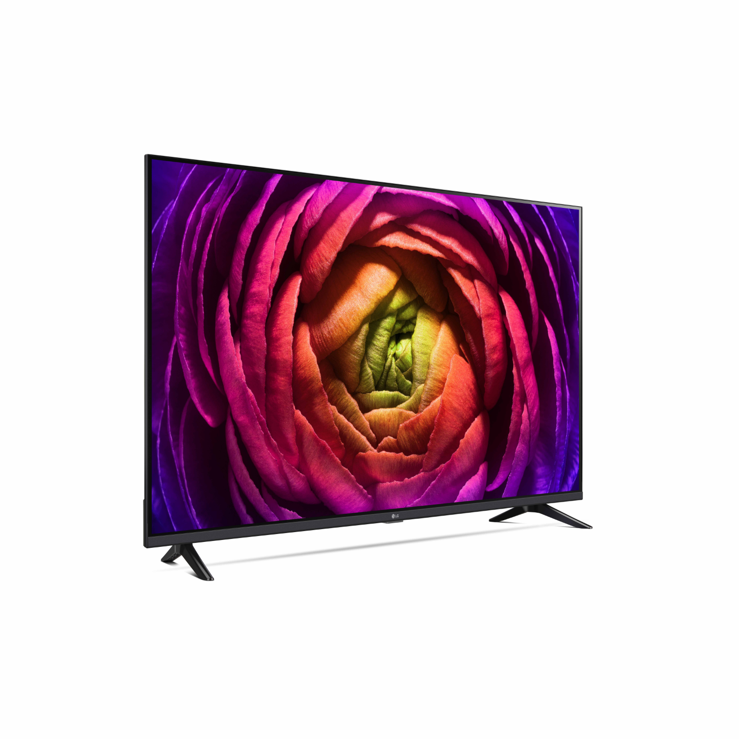 Tv-scherm met een close-up van een bloem in paars, roze, rood en groen. Zwarte standaard en frame.