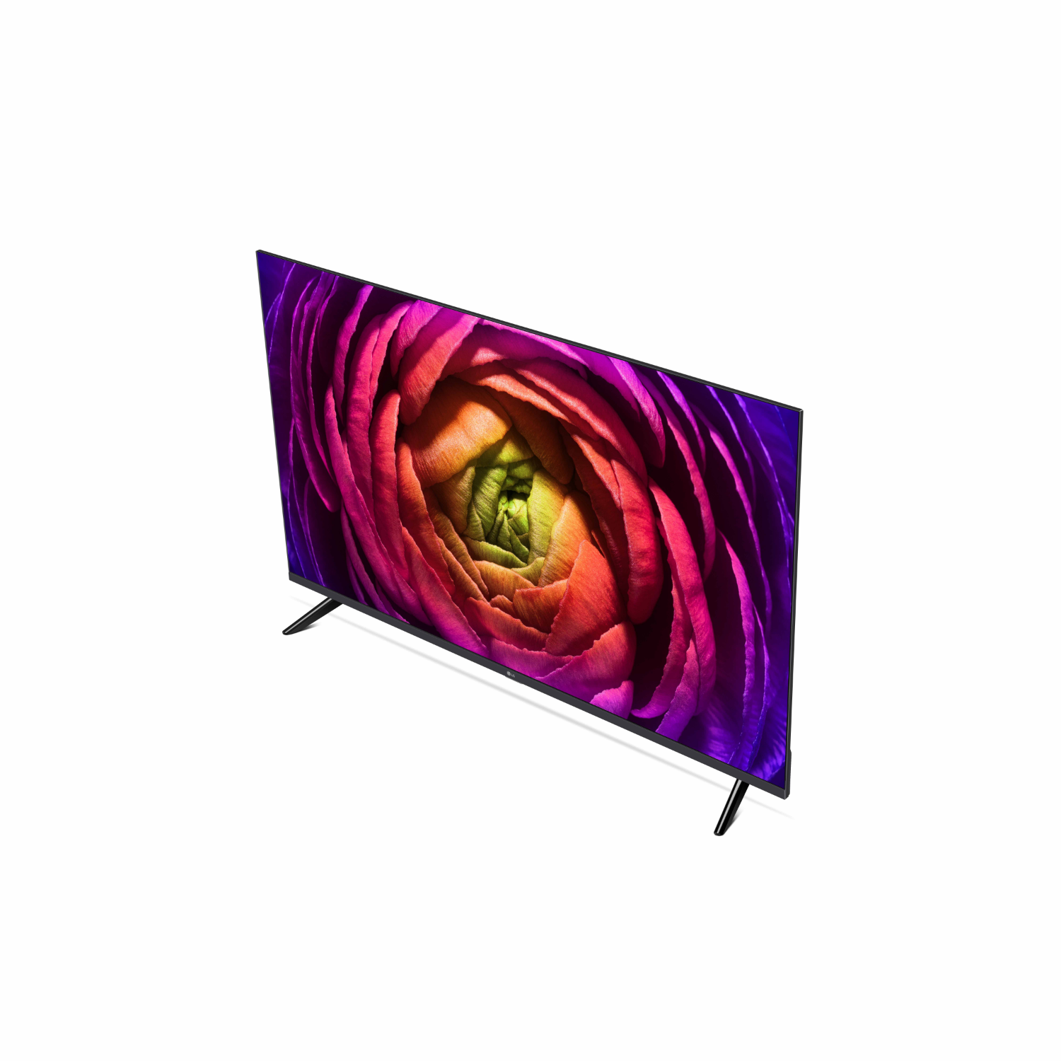 Een tv-scherm met een kleurrijke, abstracte bloemafbeelding. De tv staat op een witte achtergrond.