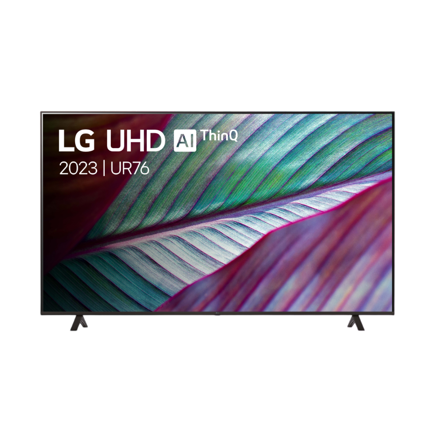 LG UHD AI ThinQ TV. Het scherm toont een close-up van groene en paarse bladeren.