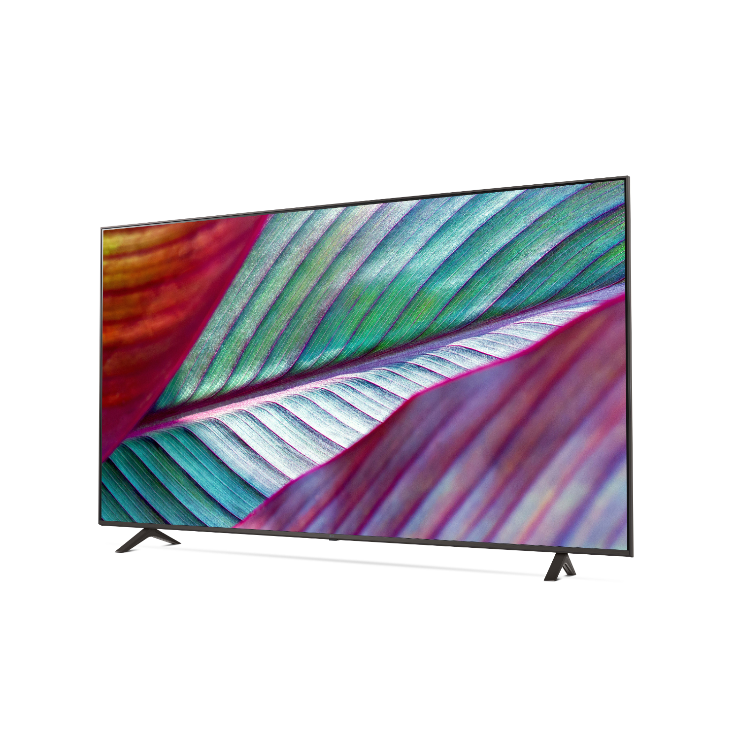 Een tv-scherm met een kleurrijk bladerpatroon. Op zwarte poten.