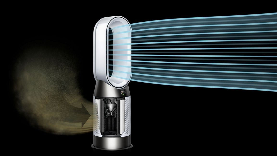 Ein Dyson-Ventilator mit Luft, die nach rechts bläst, und Staub nach links.