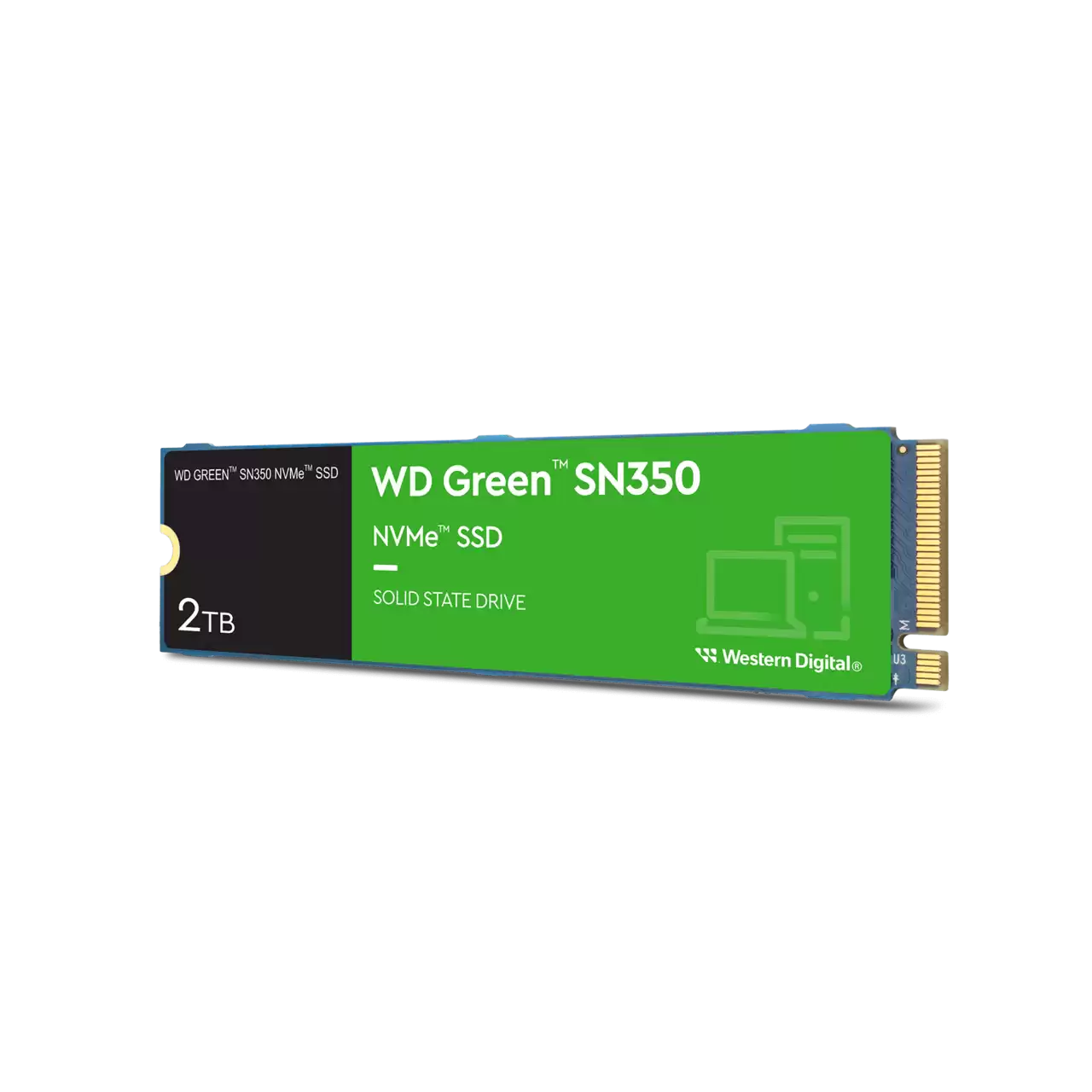 Yeşil ve siyah WD Green SN350 NVMe SSD, etiketler ve bir bilgisayar grafiği ile.