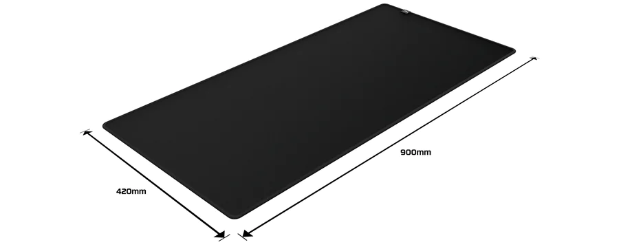 Fekete, téglalap alakú egérpad méretekkel: 420mm x 900mm.