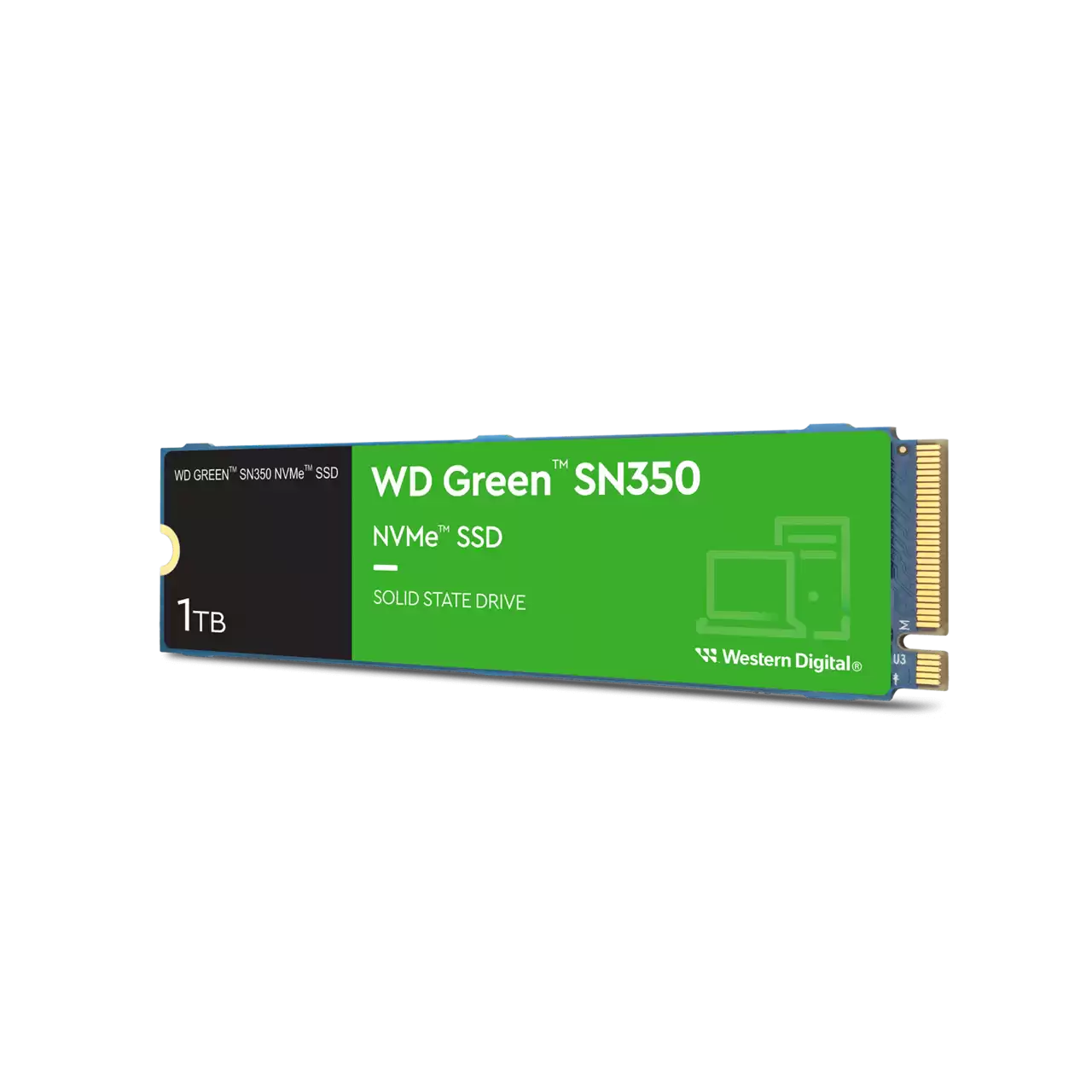 Üzerinde 'WD Green SN350 NVMe SSD' yazan beyaz metinli yeşil bir katı hal sürücüsü.