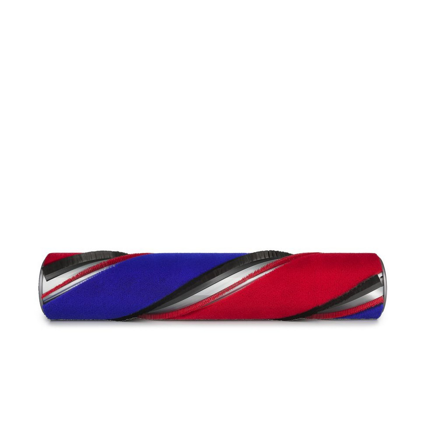 Rolborstel voor stofzuiger met blauwe en rode borstelharen, een zilveren streep en een zwarte streep.