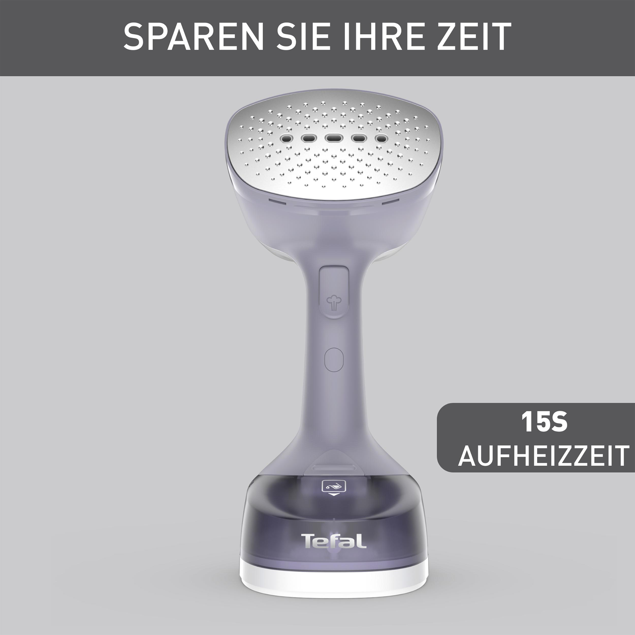 Ein lilafarbener Handdampfer mit dem Text 'Sparen Sie Ihre Zeit' und '15S Aufheizzeit'.